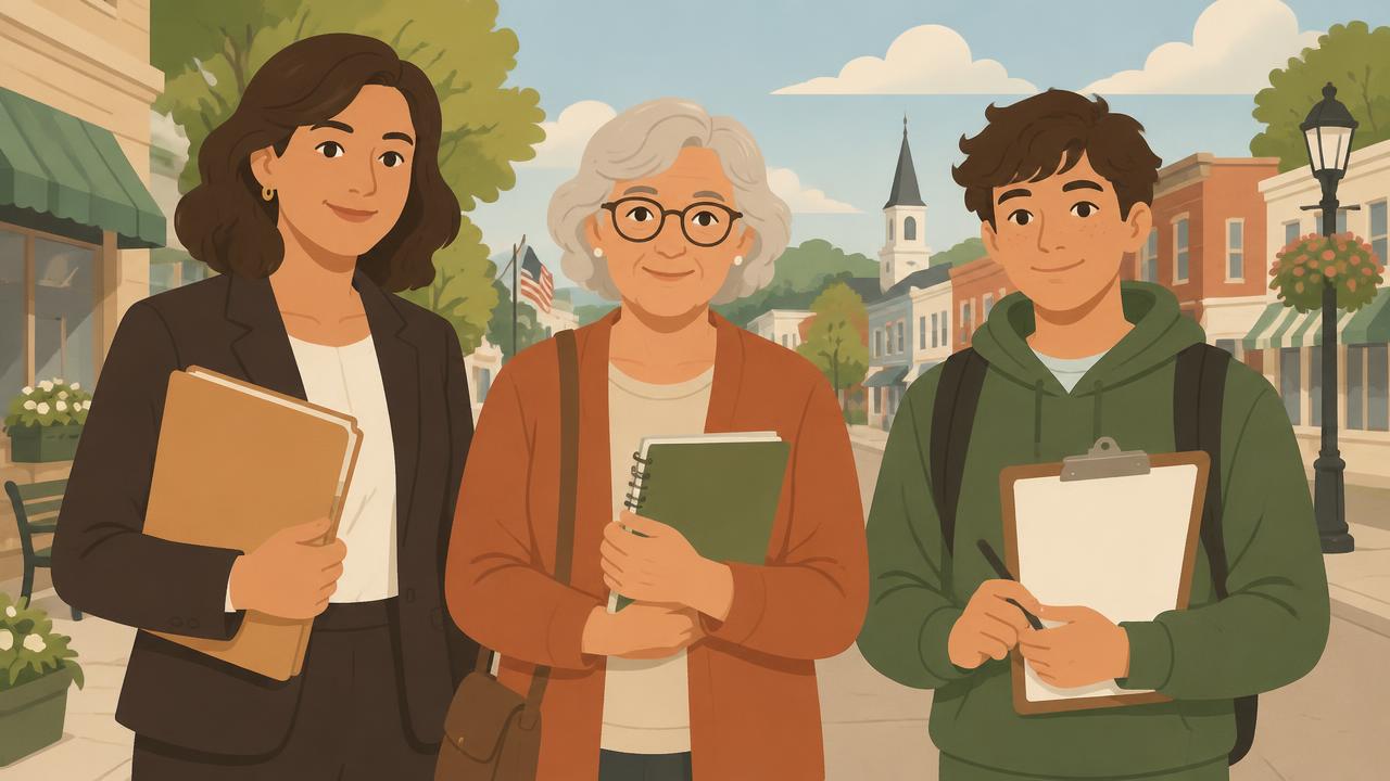 Three simple figures side by side: a lawyer with a folder, an older woman with a notebook, and a teenager holding a petition